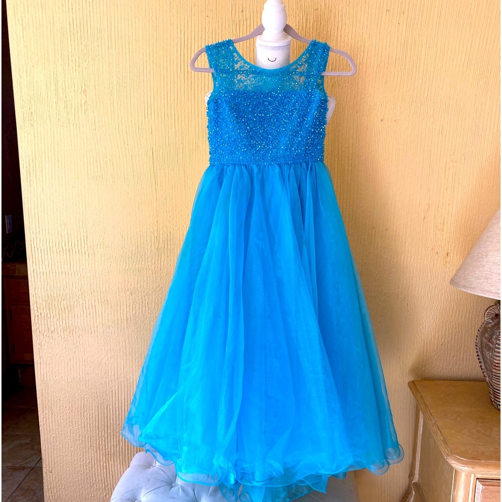 Sherri Hill Girls Turquoise Blue Beaded Tulle Formal Dress